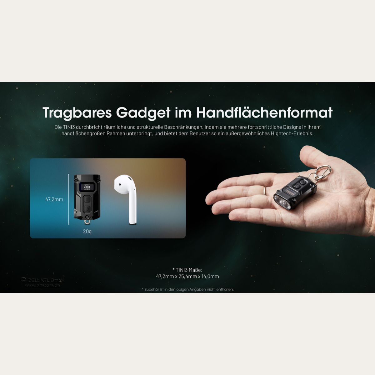 Ultrakleine USB-C Schlüsselanhänger Taschenlampe - 600 Lumen - Tini 3 - Black