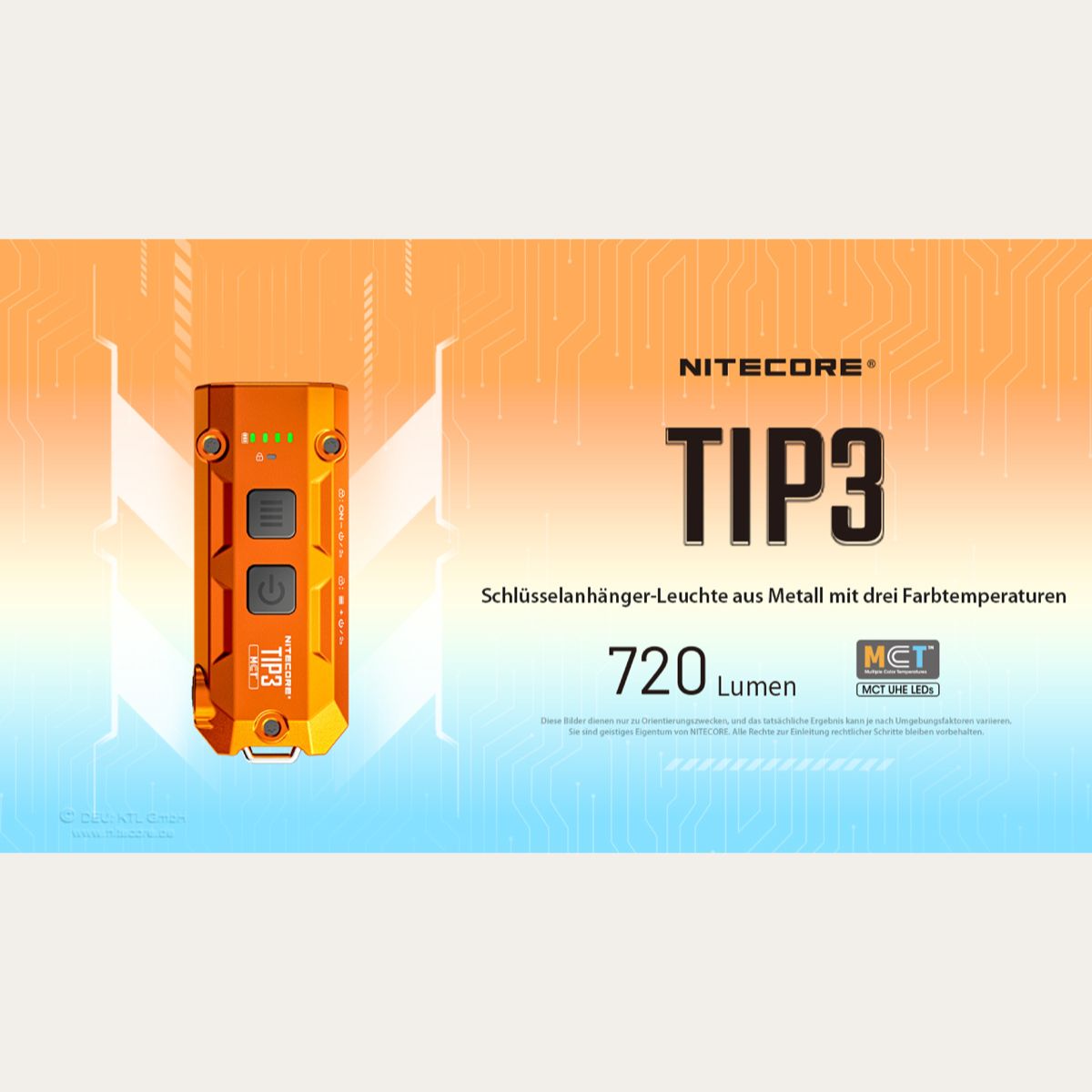 Ultraleichte USB-C Schlüsselanhänger-Taschenlampe - 720 Lumen - Orange - TIP3