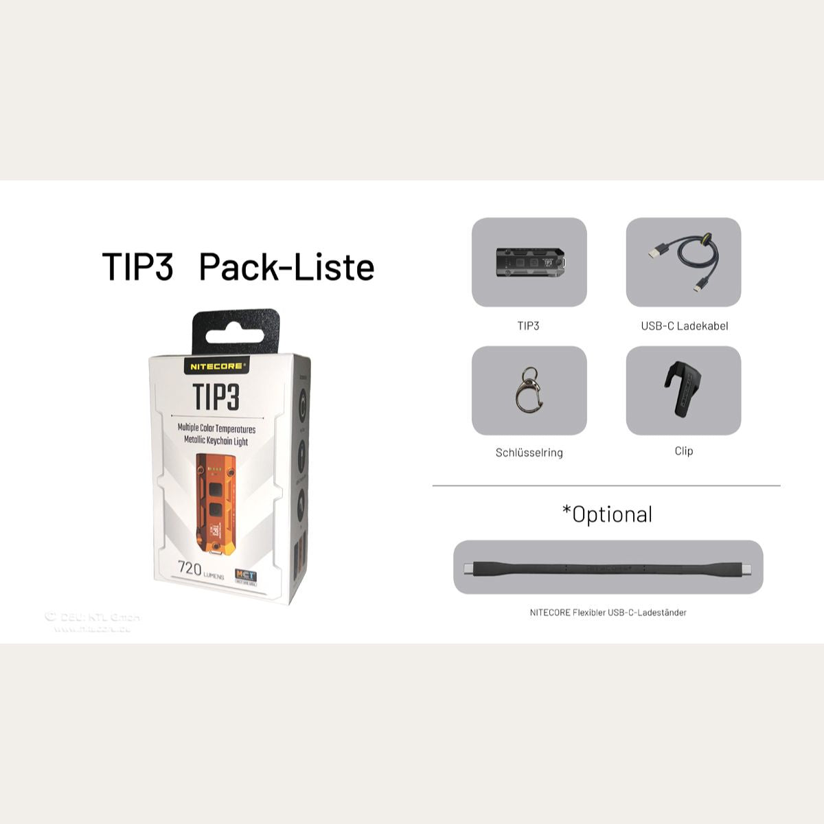 Ultraleichte USB-C Schlüsselanhänger-Taschenlampe - 720 Lumen - Orange - TIP3
