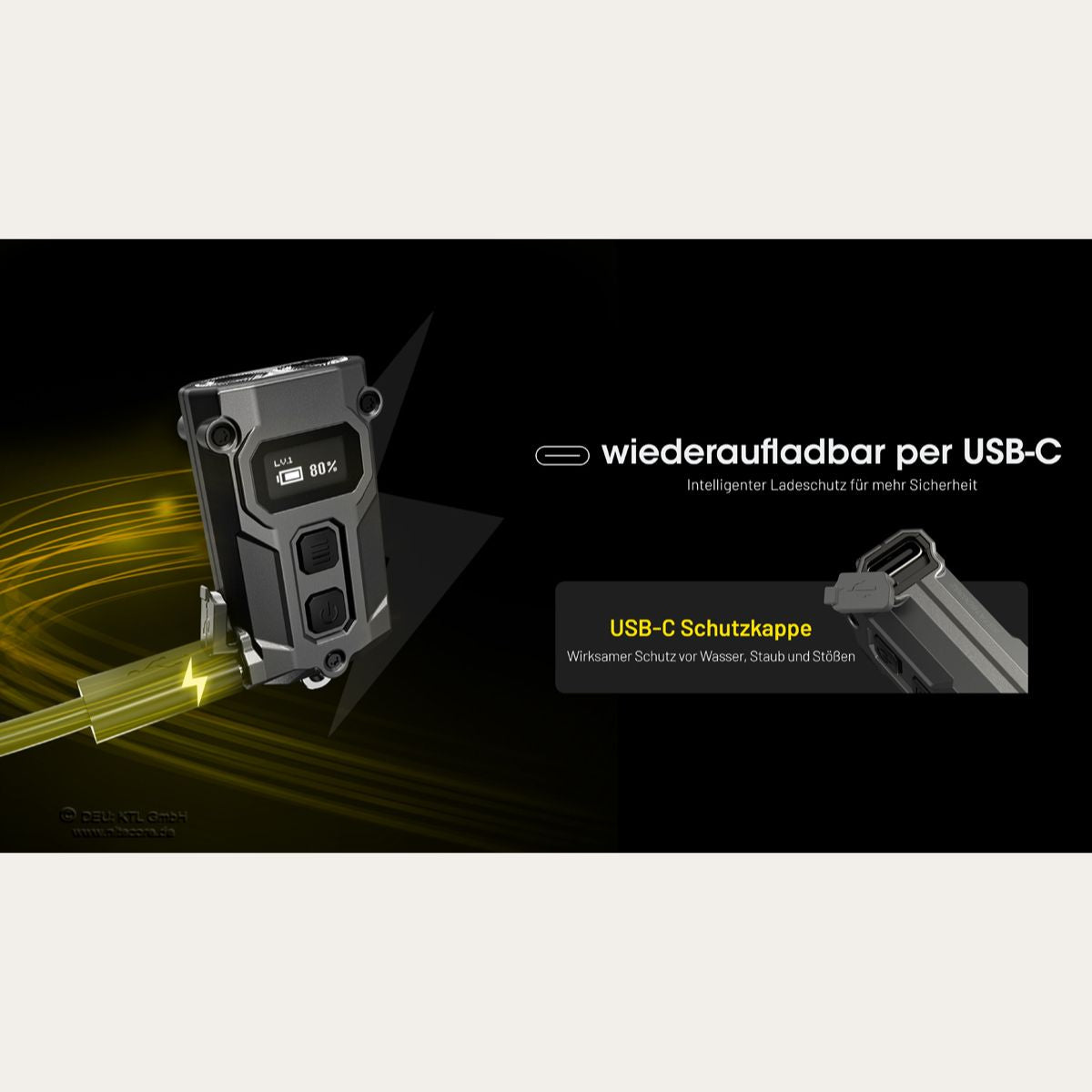 Ultrakleine USB-C Schlüsselanhänger Taschenlampe - 600 Lumen - Tini 3 - Black